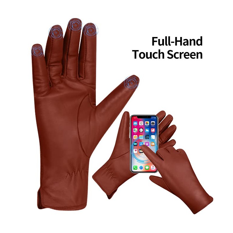 MGGMOKAY Women's Cashmere Lined Leather Gloves, Reddish-brown (Thouchscreen)