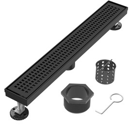 Linear Shower Drain | 24 Inch AISI 304 Stainless Steel Shower Drain, Matte Black Linear Drain with Removable Quadrato Grate Cover & Adjustable Feet, Rectangle Floor Drain, in Bathroom Balcony etc