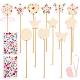 18pcs Fairy Wands Princess Fairy Wands Kit Princess Crafts Kid Birthday Party Supplies Make Your Own Wand Include Unfinished Wooden Fairys Wand Gem Stickers, Ribbons, Ideal for Kids 6+