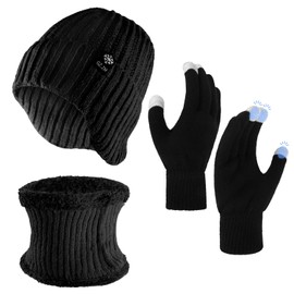 Zidoley Pack of 3 Winter Hat Neck Warmer Touchscreen Gloves Set for Men Women Beanie Knitted Hat with Warm Wool Lining and Ear Flaps, Loop Scarf Warm Gloves, Unisex 3-in-1 Winter Set, black, One size