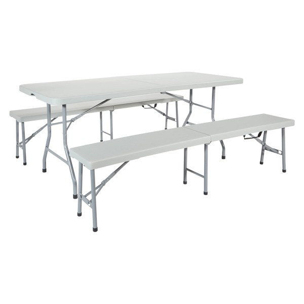 Office Star Resin Furniture for Indoor or Outdoor Use, 3-Piece Set, 2 Folding Benches and 6 Foot Table