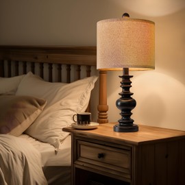 BOBOMOMO 24" Traditional Farmhouse Table Lamp Set of 2, Vintage Resin Lamps for Living Room Bedroom, Rustic Nightstand Lamp with Linen Shades, Retro Black Table Lamps for Living Room, Bedroom, Office