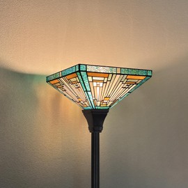 Capulina Tiffany Torchiere Floor Lamp, 70 Inches Tall Industrial Blackish Bronze Pole Amber Green Vintage Style Stained Glass Torch Standing Light for Living Room Bedroom Home Office