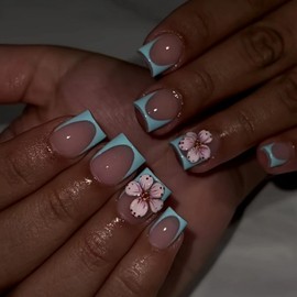 GlamRays 24 Pieces Floral Nail Stickers Blue French Tip Faux Nails Extra Short Square False Nails with 3D Floral Designs Spring Style