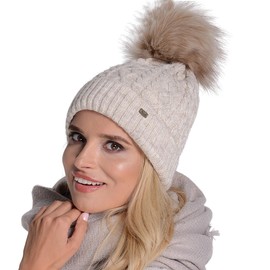 Alur Women's Beanie Winter Hat Knitted Hat with Bobble - Warm Elastic Elegant Winter Hat Eko Bobble Hat - Soft Yarn Stylish Universal Warm, beige