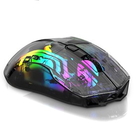 Docooler Wireless Gaming Mice with Transparent Crystal Shell, Tri-Modes(USB Wired+2.4G Wireless+Bluetooth), 3600DPI Adjustable E-sports Mice, RGB Slient Mouse with Ergonomics Design - White/Black
