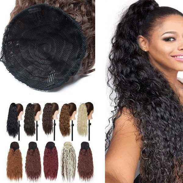 45 cm Updo Bun Ponytail Hair Extension Curly Wavy Synthetic Natural Ponytail Drawstring Hairpiece Light Brown