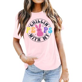 Happy Easter Cute Bunny Shirts Chillin with My Peeps Short Sleeve TopsColor: Pink, Size: S