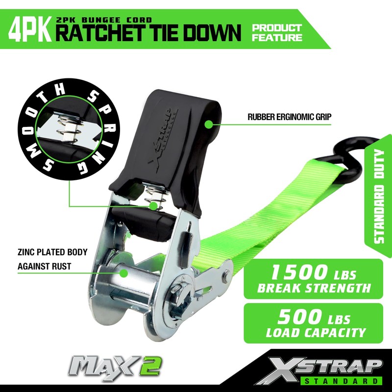 XSTRAP STANDARD Ratchet Tie Down Straps 4Pk 15Ft 1500Lb Break
