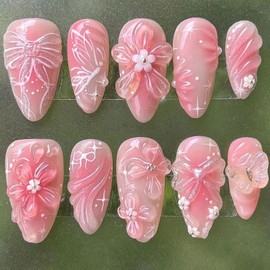 Pink Press on Nails Medium Almond Fake Nails with 3D Flower Butterfly Pearl Designs Spring Nails Press ons Cute False Nails for Women 24Pcs