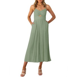 ANRABESS Women Summer Casual Spaghetti Strap Sleeveless V Neck Cutout Linen Wide Leg One Piece Jumpsuit Dressy Romper Outfits, Light Green, Large