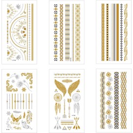 6Pcs Tatuajes de Oro Papel De Tatuaje a Prueba De Agua Tatuajes Metálicos Temporales Pegatinas de Tatuajes Falsos de Cara Y Cuerpo para Adultos Pegatinas De Tatuajes De Arte Corporal (Oro Plata)
