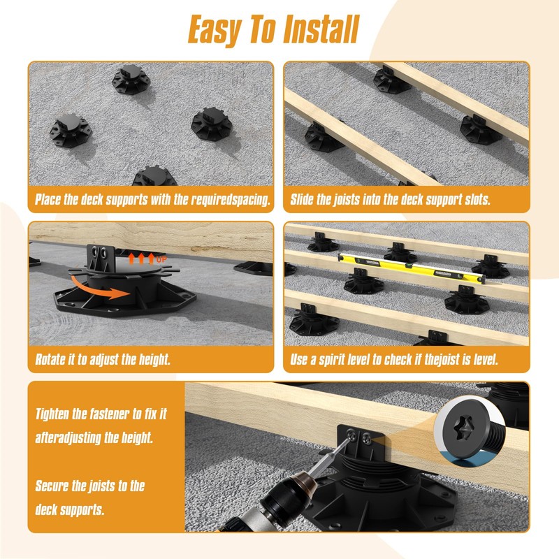 6-Pack Adjustable Deck Support Bases - Heavy Duty Waterproof Rust-Proof