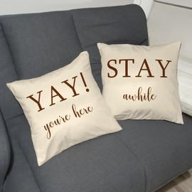 PreLiving Farmhouse Pillow Covers 18x18, Set of 2 - 'Stay Awhile' & 'Yay You're Here' Quotes, Rustic Decorative Throw Pillow Cases, Perfect for Couch, Porch, Guest Room(Beige)