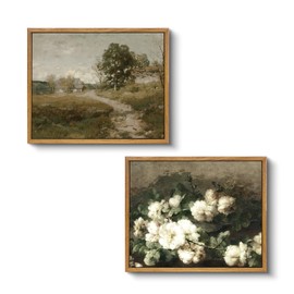 VIYYIEA Two Vintage Framed Wall Art, Country Road and White Flower Painting Decor Aesthetic, Small Canvas Print Artwork, Farmhouse Landscape Wall Pictures for Bedroom Barthroom, 9x11 Inch,Set of 2