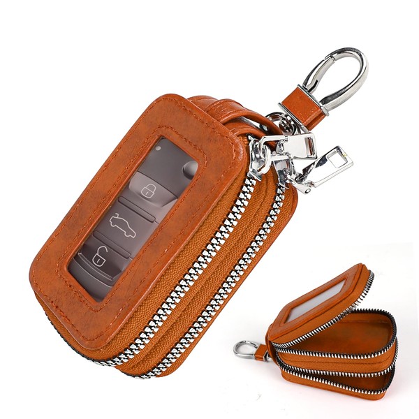 Hbxdeco Double Layer Car Key Case, Leather Zipper Car Key