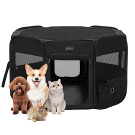 PETSFIT Dog Playpen, 45.5" Sturdy Pop Up Dog Kennel Foldable Dog Pen Indoor Outdoor Puppy Playpen for Medium Dogs Cats with Traveling Bag Zipper Sealed Removable Mesh Top Leakproof Bottom Mat Black L