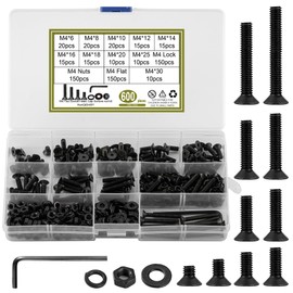 M4 Screws Set 600 Pieces - 10 Sizes Countersunk Screws with Nuts, Locking Washers & Washers | Hexagon Socket Flat Head Screws for Furniture Assembly, Mechanical Engineering (6-30 mm Lengths)