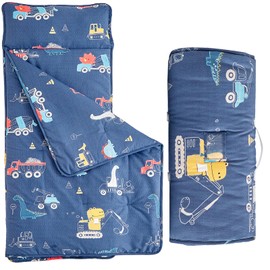 Cotton Toddler Nap Mat Dinosaur,Roll Up Slumber Bags for Boys,Toddler Nap Mat with Removable Pillow, Kids Sleeping Mat for Daycare and Preschool Kindergarten-Navy Blue ﻿