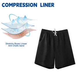 AUFIKR Swimming Shorts for Men Double Layer Beach Shorts with Compression Lining 2 in 1 Board Shorts with Pockets Surfing Sports Surfboard Shorts, black