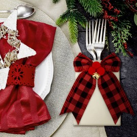 12 Pieces Christmas Silverware Holder Burlap Utensil Holder Xmas Tableware Holder Buffalo Plaid Cutlery Fork Bag for Christmas Party Dinner Tableware Decoration (Red and Black)