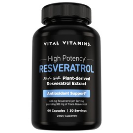 Suplemento de resveratrol de Vital Vitamins: elaborado con resveratrol de origen vegetal; refuerzo antioxidante; 600 mg de resveratrol por ración, que aportan 300 mg de resveratrol trans; 60