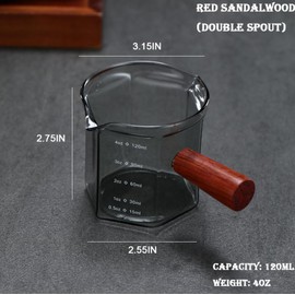 4OZ /120ML Ash Black Double Spouts Espresso Measuring Cup hexagonal Milk Cup with Red Sandalwood Handle Shot Glasses Clear Double Spout Espresso Glass Measuring Tools n Scales
