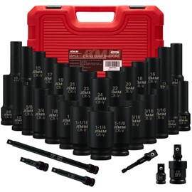 AMM 1/2" Drive Deep Impact Socket Set, 35-Piece Socket set SAE 3/8 to 1-1/4 inch and Metric 10-24mm Size, Includes Extension Bars, Universal Joint and Adapter, 6 Point Design,Cr-V steel