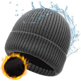 Oversize XL XXL Waterproof Merino Wool Beanie for Men Women Big Head, Warm Fleece Lined Large Winter Hat, Plus Size Big Knit Skull Stocking Cap, Rainproof Windproof Cuffed Beanie for All Weather Grey