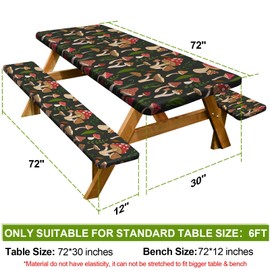 Picnic Table Cover with Bench Covers Camping Essentials Waterproof Windproof Camping Tablecloth with Drawstring Bag, Fitted Rectangle Tables and Seats, 72in, Black Red