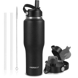 40oz Black Water Bottle Stainless Steel, Keep Cold 24H&Hot 12H, Water Bottle with Straw&Spout Lids, Insulated Water Bottle Double Wall Vacuum, Fit in Any Car Cup Holder, Leak-proof BPA Free,Black