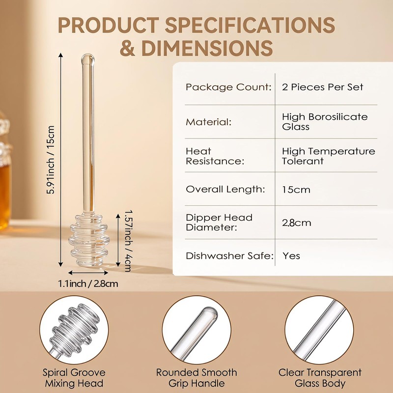 2 Pcs Clear Glass Honey Dipper Sticks
