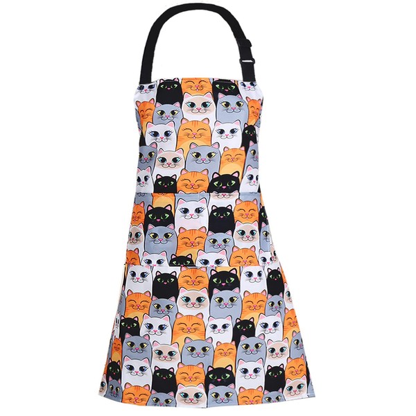 XIEJINJIA Cute Bib Apron Adjustable Extra Long Ties with 2 Pockets Cooking Baking Gardening Painting for Women Men Chef Gifts Cat