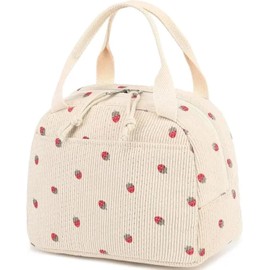 Generic Corduroy Lunch Tote Bag - Insulated, Reusable & Large Capacity - Perfect for Work, Picnics, and Travel (Strawberry Design), 8 Liters, sy230020