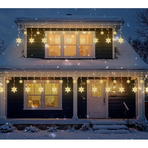Pellimo Snowflake Christmas Icicle Lights Outdoor, 8.2ft 144 LED Connectable