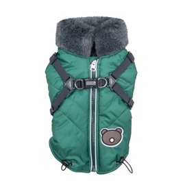 Puppia Isolde Mock Neck Full Zip up Warm Winter Jumper Vest with Integrated Harness for Small and Medium Dogs, Green, Medium