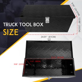 Dexepe Truck Bed Tool Box Aluminum Heavy Duty Bar Tread Truck Storage Organizer Chest with Gas-Spring Enabled Poles Side Handle,Lock and Keys Compatible with Pickups,RV Trailers Black 24"x13"x10"