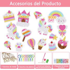 Kit de Pintura de Diamantes para Niños, 15 Diamond Painting y 50 Pegatinas, Pegatinas de Pintura de Diamantes con Herramientas de Pintura, Llaveros DIY Artes y Manualidades para Niñas (Unicornio)