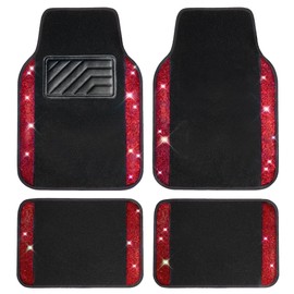 CAR PASS Bling Diamond Car Floor Mats, Shining Rhinestone Carpet Sparkly Glitter Crystal with Anti-Slip PVC Heel Pad Waterproof Universal Fit Automotive SUV,Sedan,Van,Cute Girl Women,4pcs Black Red