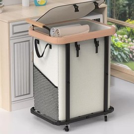 40 Gal (150L) Laundry Hamper with Lid, Leather Patchwork Laundry Basket with Rolling Lockable Wheels and Handle, Laundry Basket Organizer for Laundry Room, Bedroom and Bathroom,Laundry Room - White
