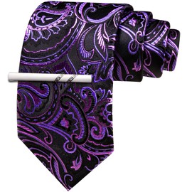 Barry.Wang Purple Black Tie Floral Necktie with Tie Clip for Men Silk Tie Formal Wedding Party Business