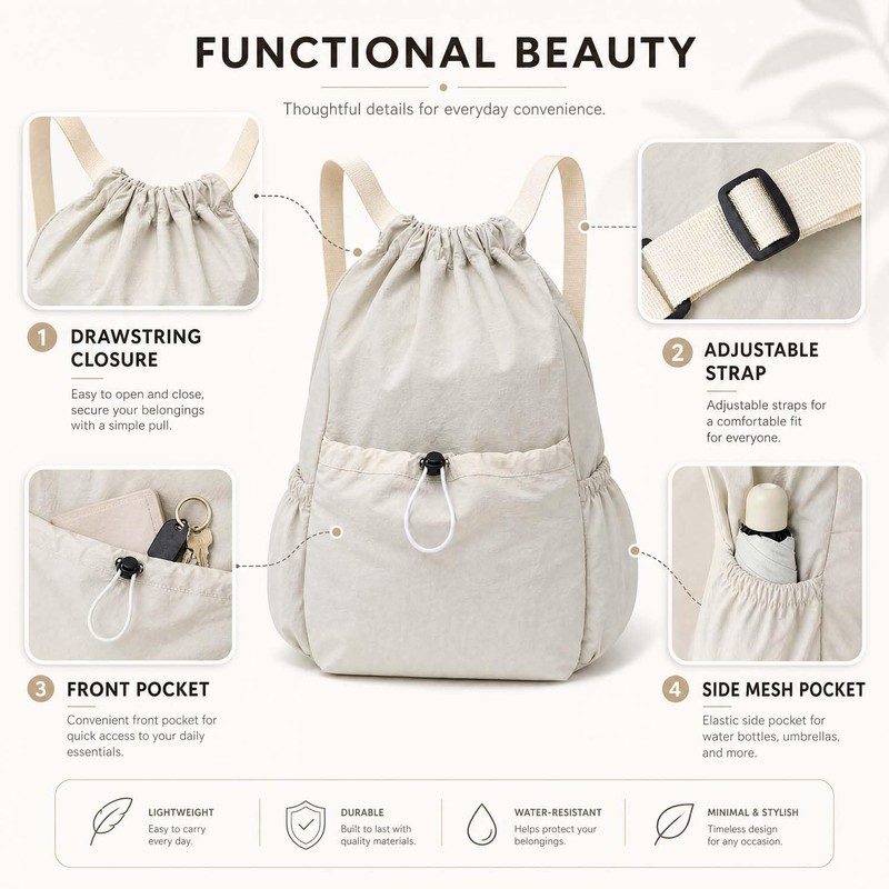 YeeSupe Drawstring Backpack for Women Men,Lightweight Foldable String Bag,Nylon Cinch