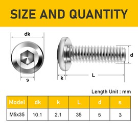Valorada 20Pcs M5 Bolts, M5 x 35mm Flat Head Hex Socket Screws, 304 Stainless Steel Furniture Bolts, Full Thread Machine Screws with Hex Key
