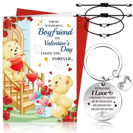 DPKOW Valentines Gifts for Him Boyfriend, 1 Valentines Card Boyfriend + 1 Valentines Keyring Boyfriend + 2 Heart Bracelets for Couples, Valentines Gifts for Him Boyfriend Men Birthday Gifts Couples