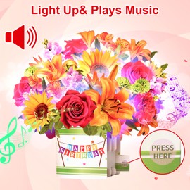 Yinqing Birthday Cards, Happy Birthday Card for Women, 10Inch Life Sized Forever Sunflower Bouquet with Light and Music, 3D Popup Greeting Card for Women Wife Mom Daughter Sister