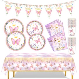 Butterfly Party Decorations 98Pcs Girls Party Decorations Suppiles Set Include Plates, Napkins, Cups, Banner and Tablecloth Butterfly Theme Party Favors Kit (Butterfly)