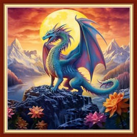 Joyhoor Stamped Cross Stitch Kits for Beginners Needlepoint Kits for Adults Embroidery Kits 11CT Counted Cross Stitch Kits Printed Embroidery Pattern- Moon Dragon 18x18 inchs