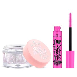 essence - Pack 2 en 1: Máscara de Pestañas I Love Extreme Crazy Volume 12 ml + Topper de Sombra de Ojos Jelly Jewels Celestial Shimmer 4.2 g, Volumen Extremo y Brillo Multicolor Festival