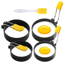 4 Pack Fried Egg Molds Round Stainless Steel Fried Egg Ring with Silicone Handle Perfect for Making Breakfast Sandwiches, Burgers, Pancakes Suitable for Home or Breakfast Carts (3 inch & 4 inch）