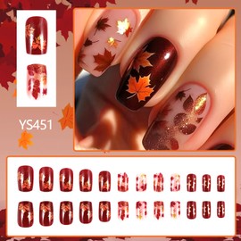 24Pcs Fall Press On Nails Square Fake Nails Short Glitter Nails Retro Dark Maple Leaf False Set French Nails Thanksgiving Press On Stick On Nail Full Cover Artificial Nail Autumn for Women DIY